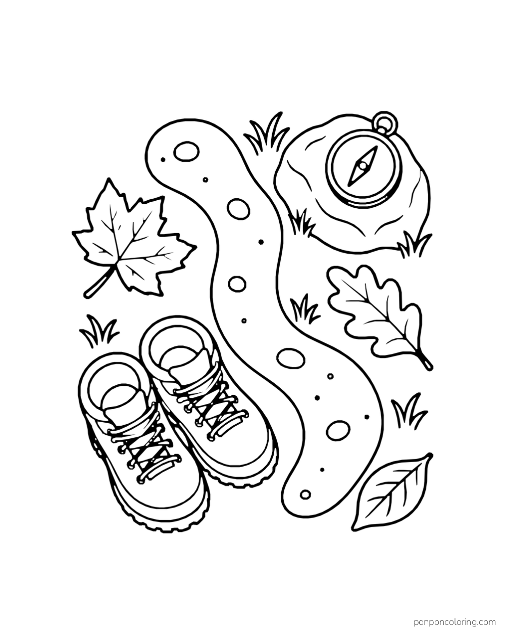 An overhead view shows hiking boots and a compass beside a curved path.