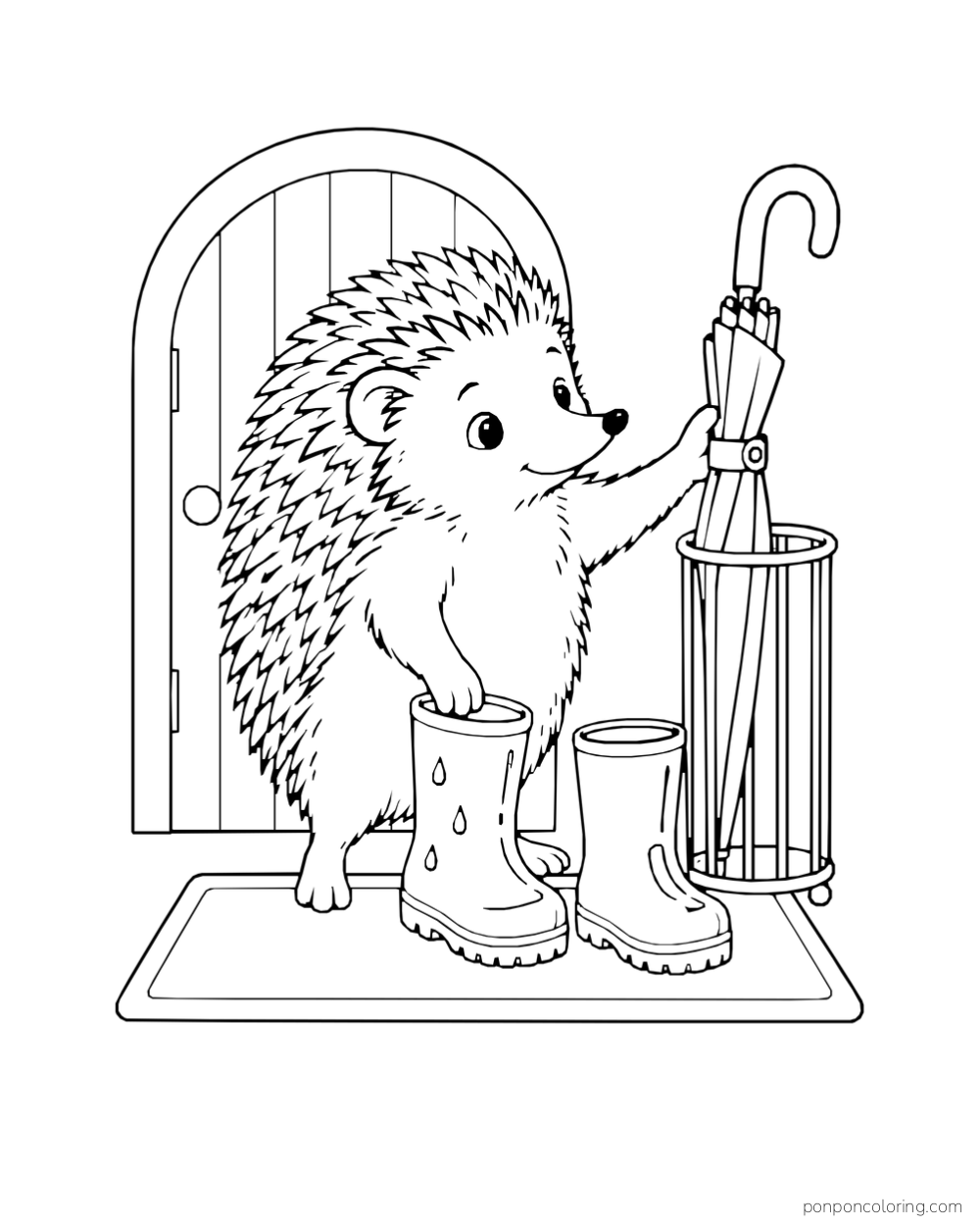 A hedgehog stands on a mat beside two boots and an umbrella stand in front of a rounded door.