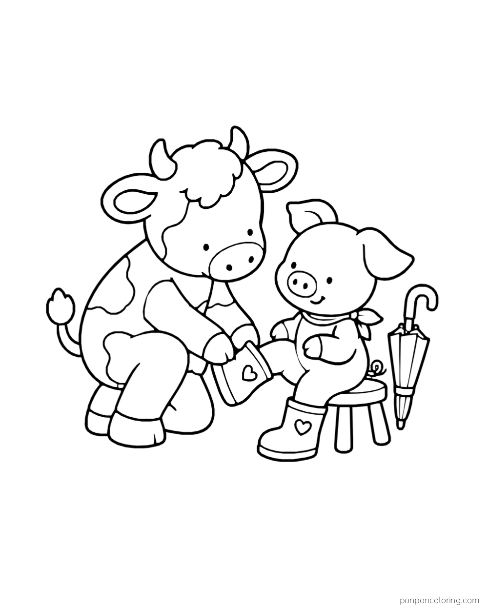 A calf helps a seated pig put on a rain boot beside a folded umbrella.