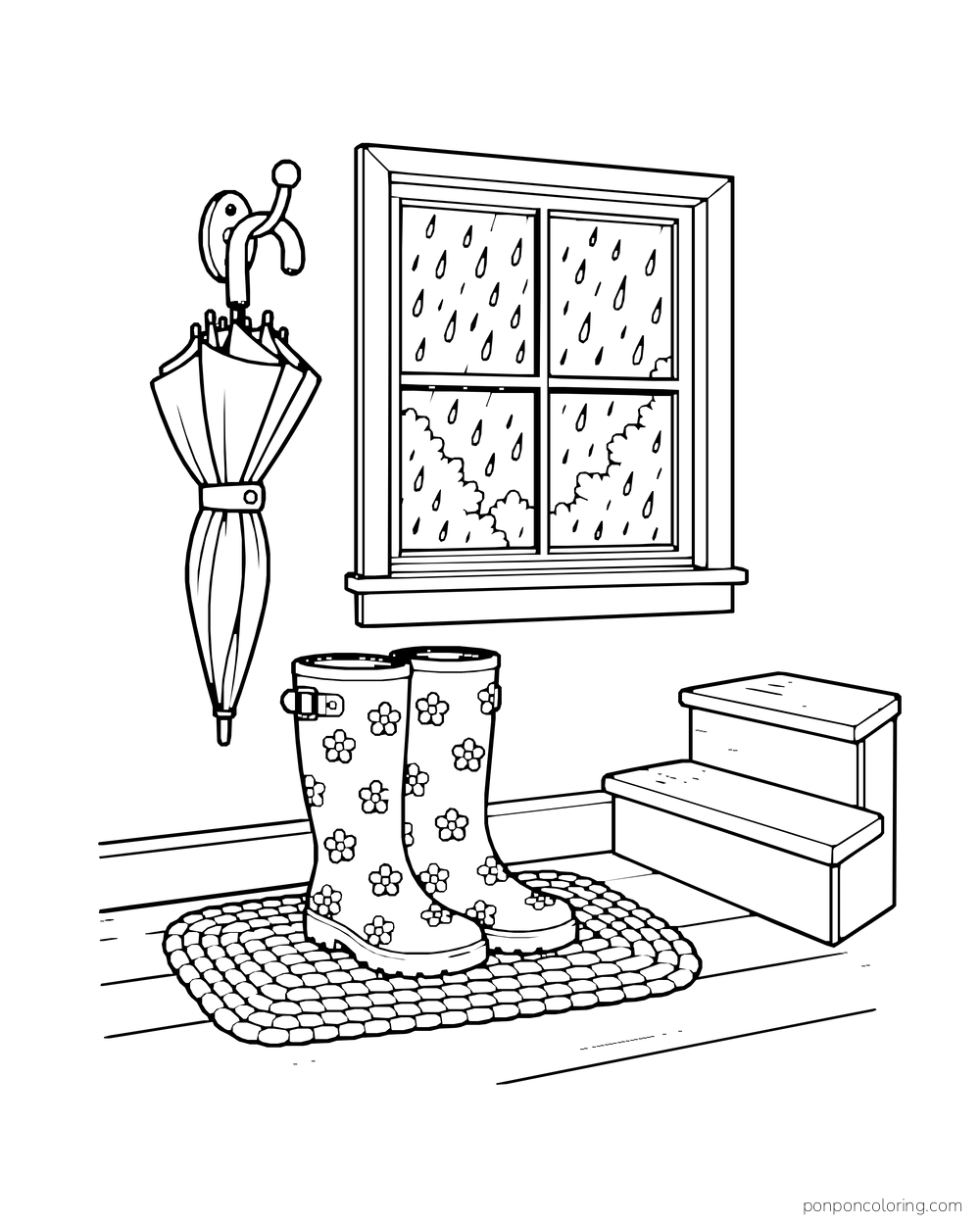 Patterned rain boots stand on a woven mat beside a folded umbrella and short steps.