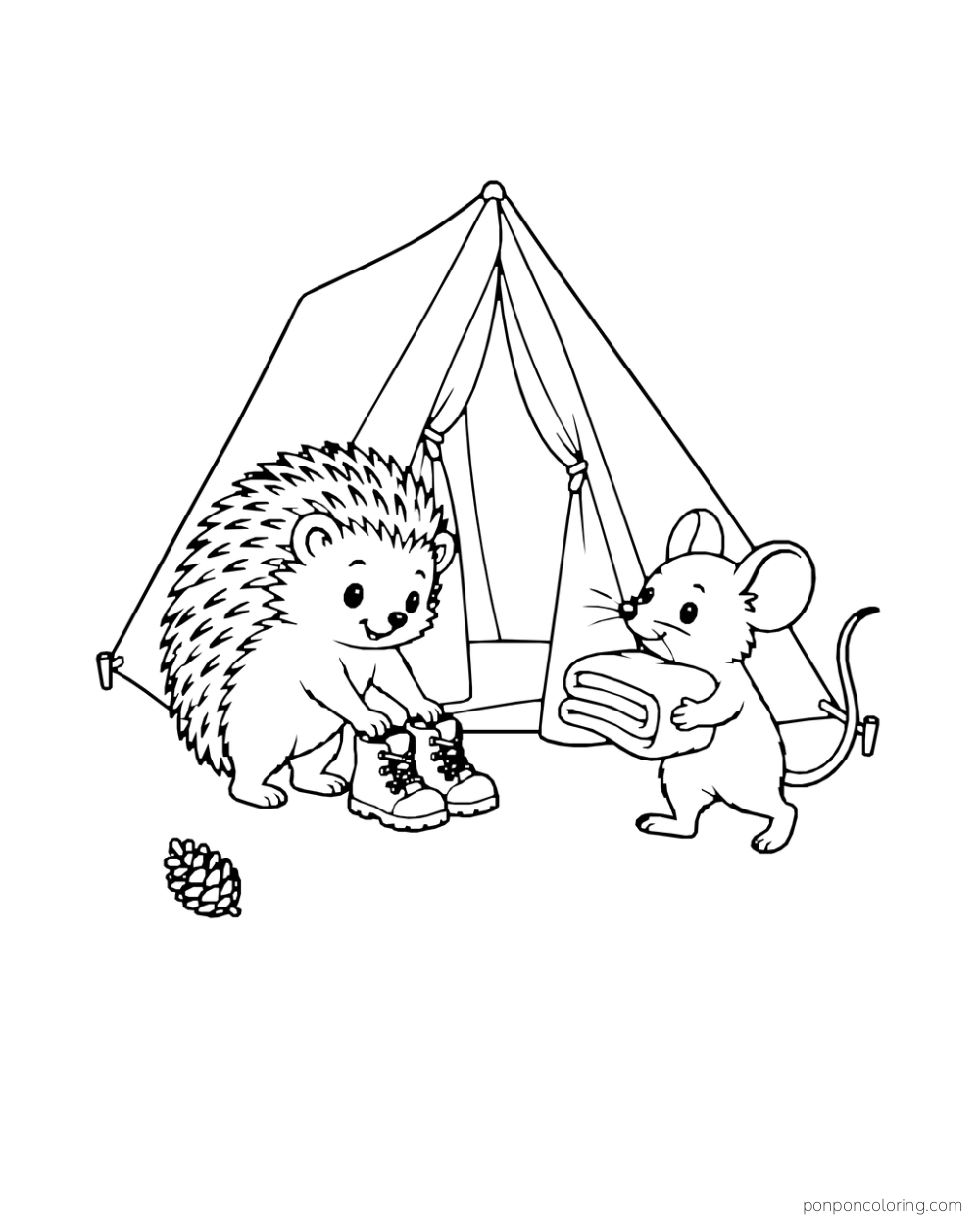 A hedgehog places boots outside a little tent as a mouse carries a blanket.