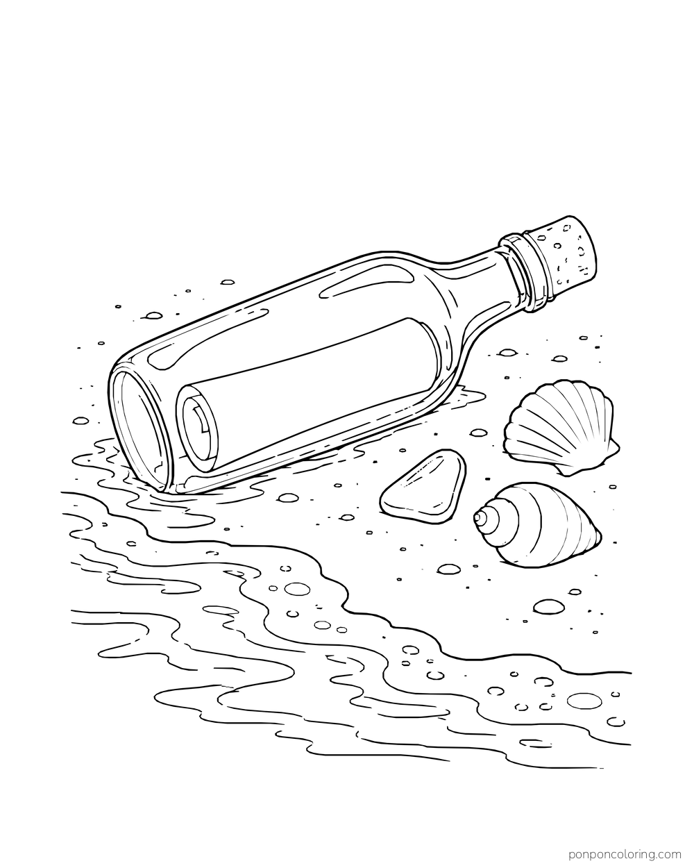 A corked bottle with blank rolled paper inside rests beside shells and a gentle wash of water.