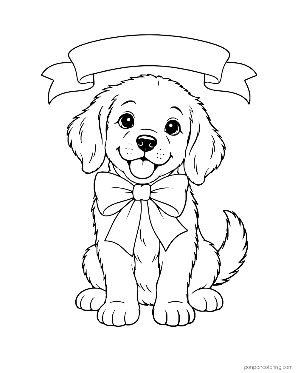 A puppy wears an oversized bow beneath an empty curved ribbon banner.