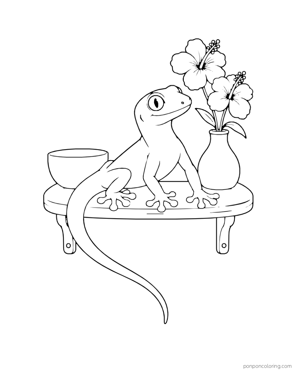 A gecko rests on a small shelf beside a plain bowl and a vase holding two flowers.