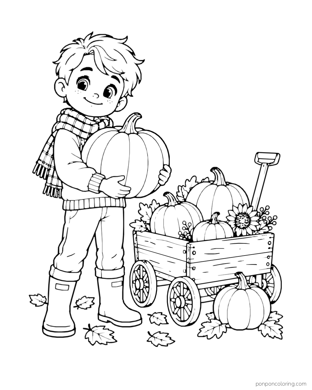 A boy in a sweater, scarf, and boots holds a pumpkin beside a harvest cart.