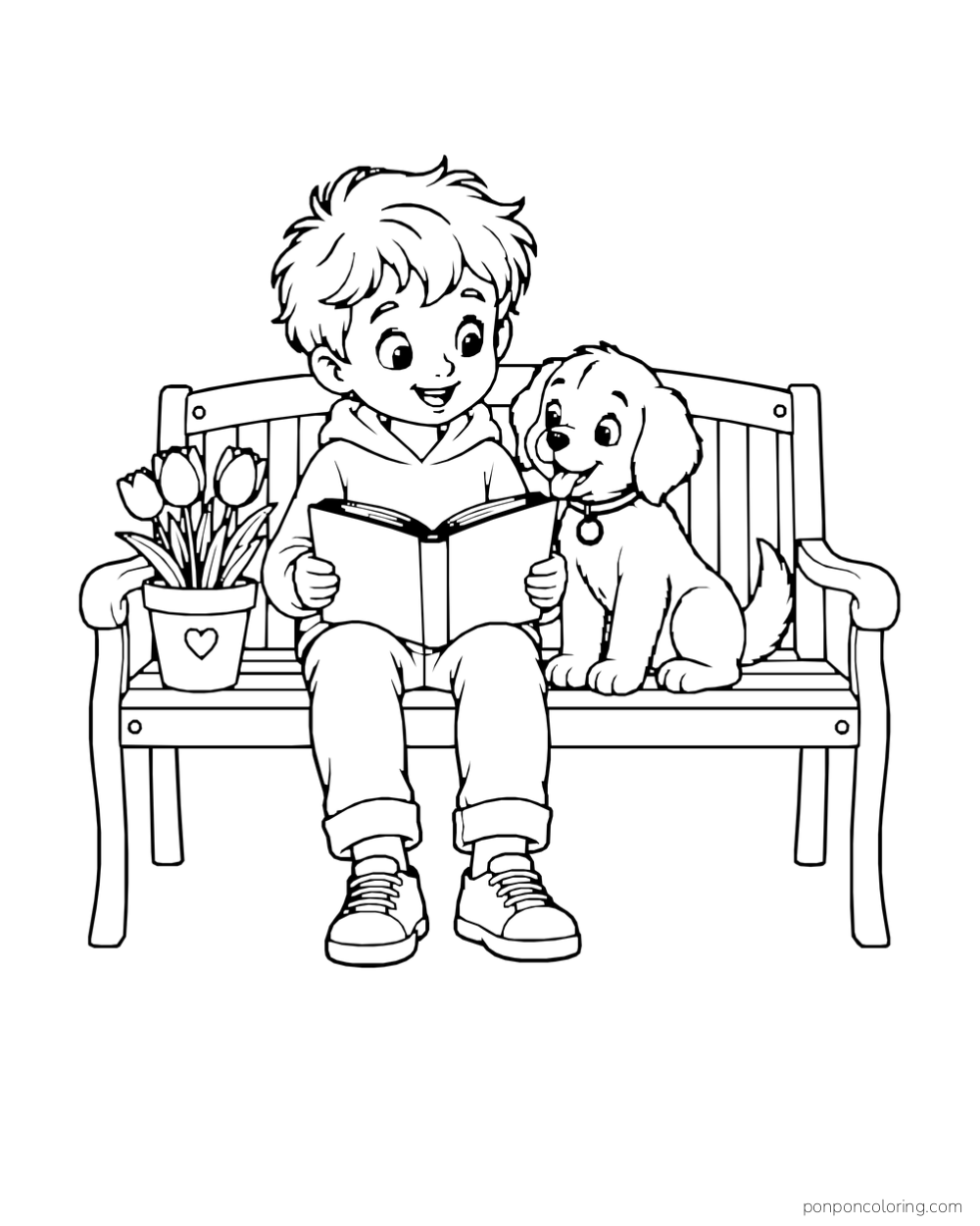 A boy reads on a garden bench beside a puppy and potted tulips.