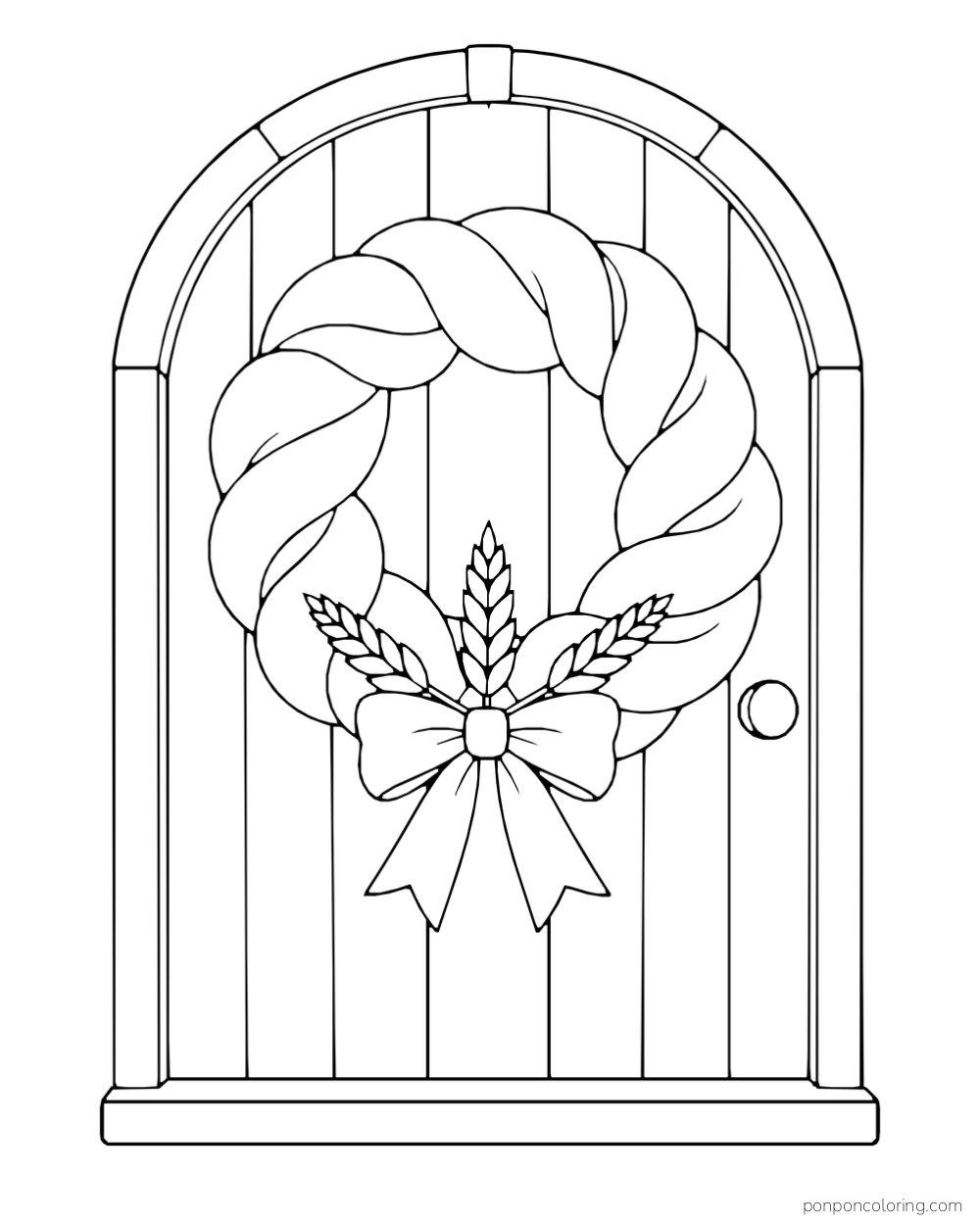 A large braided bread wreath with a bow and wheat sprigs hangs on an arched door.