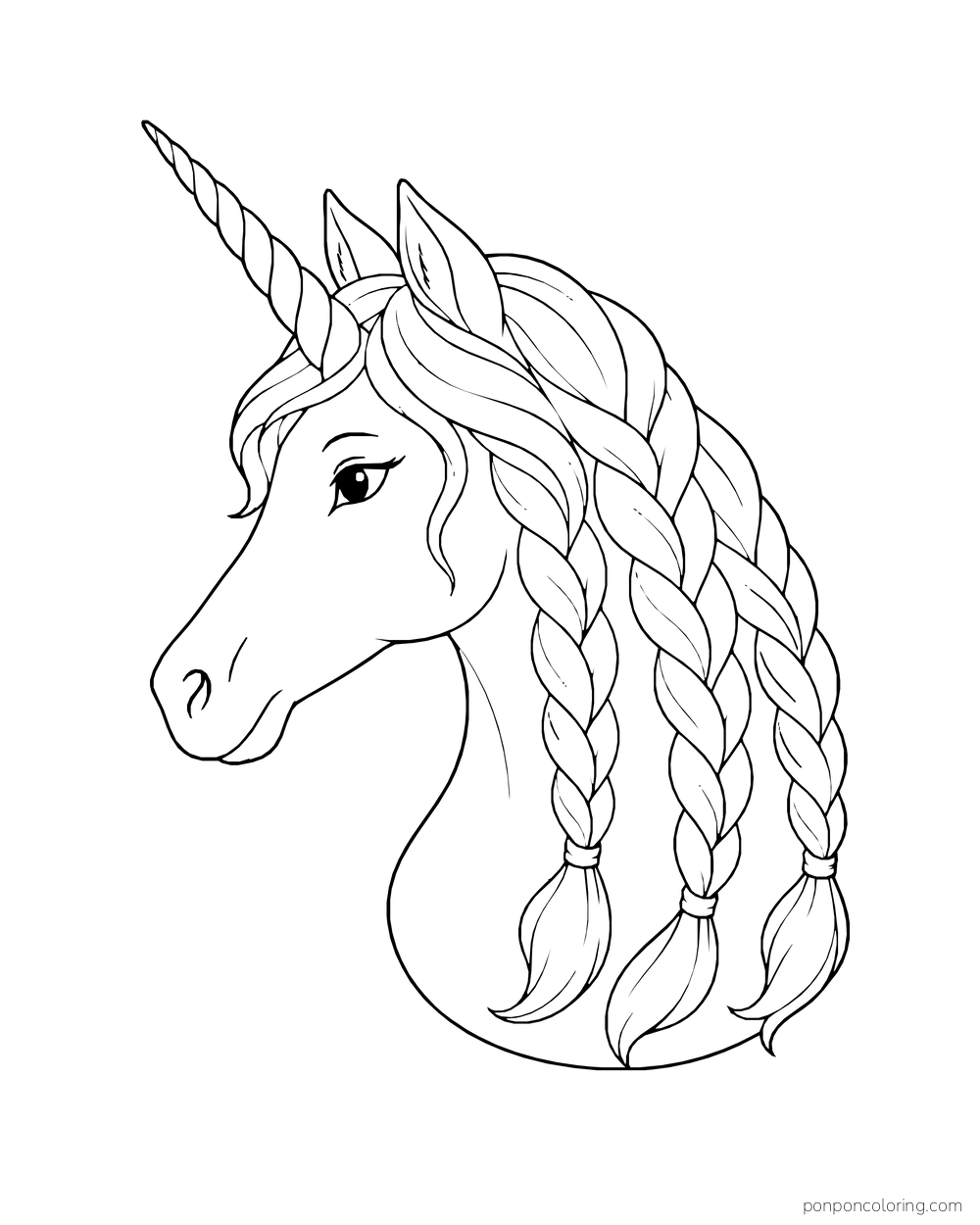 A unicorn in side profile has a long spiral horn and three thick braids down its neck.