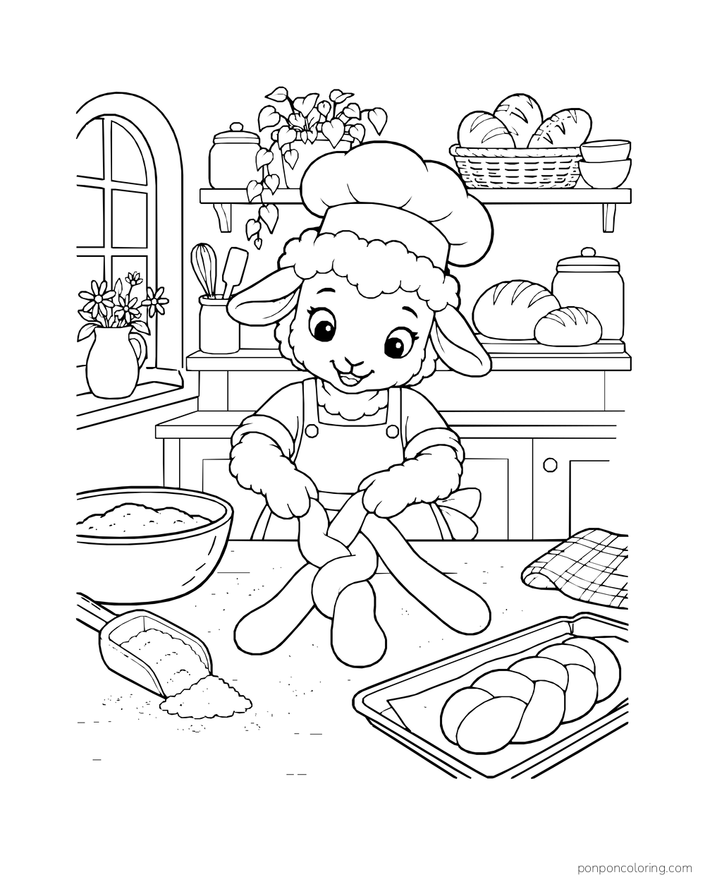 A lamb baker twists thick ropes of dough together on a board.