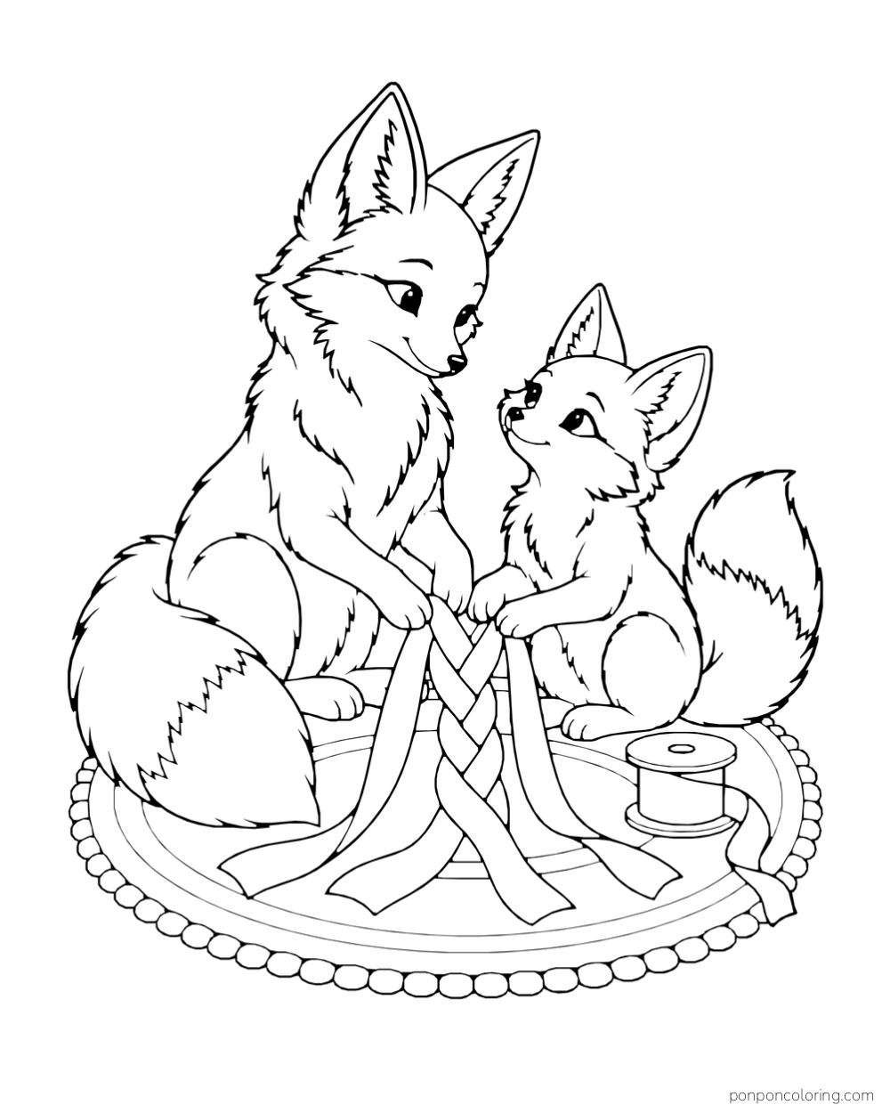Two foxes braid long ribbons together on a round rug beside a spool.