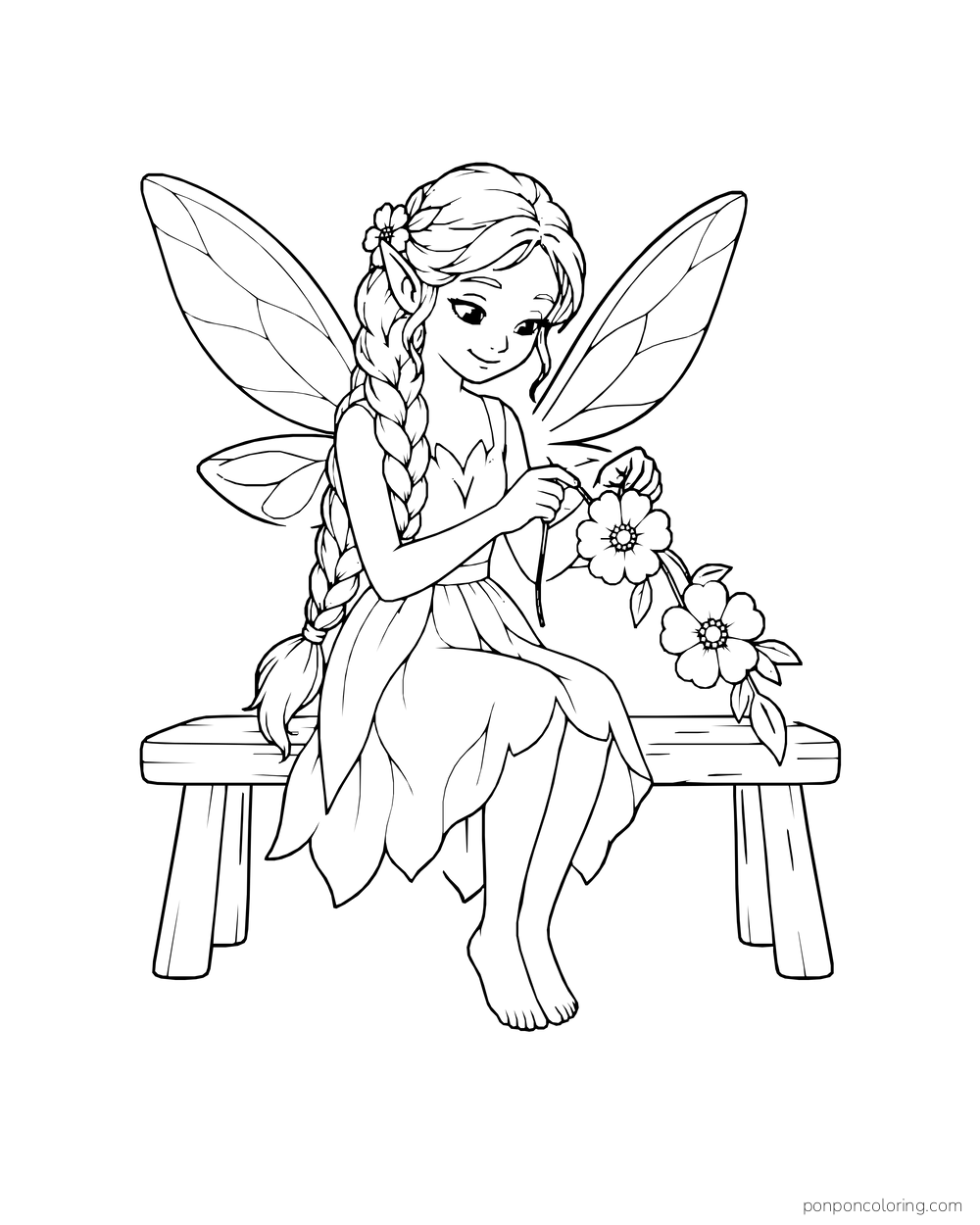 Braided fairy threading flowers into a garland while seated on a bench.