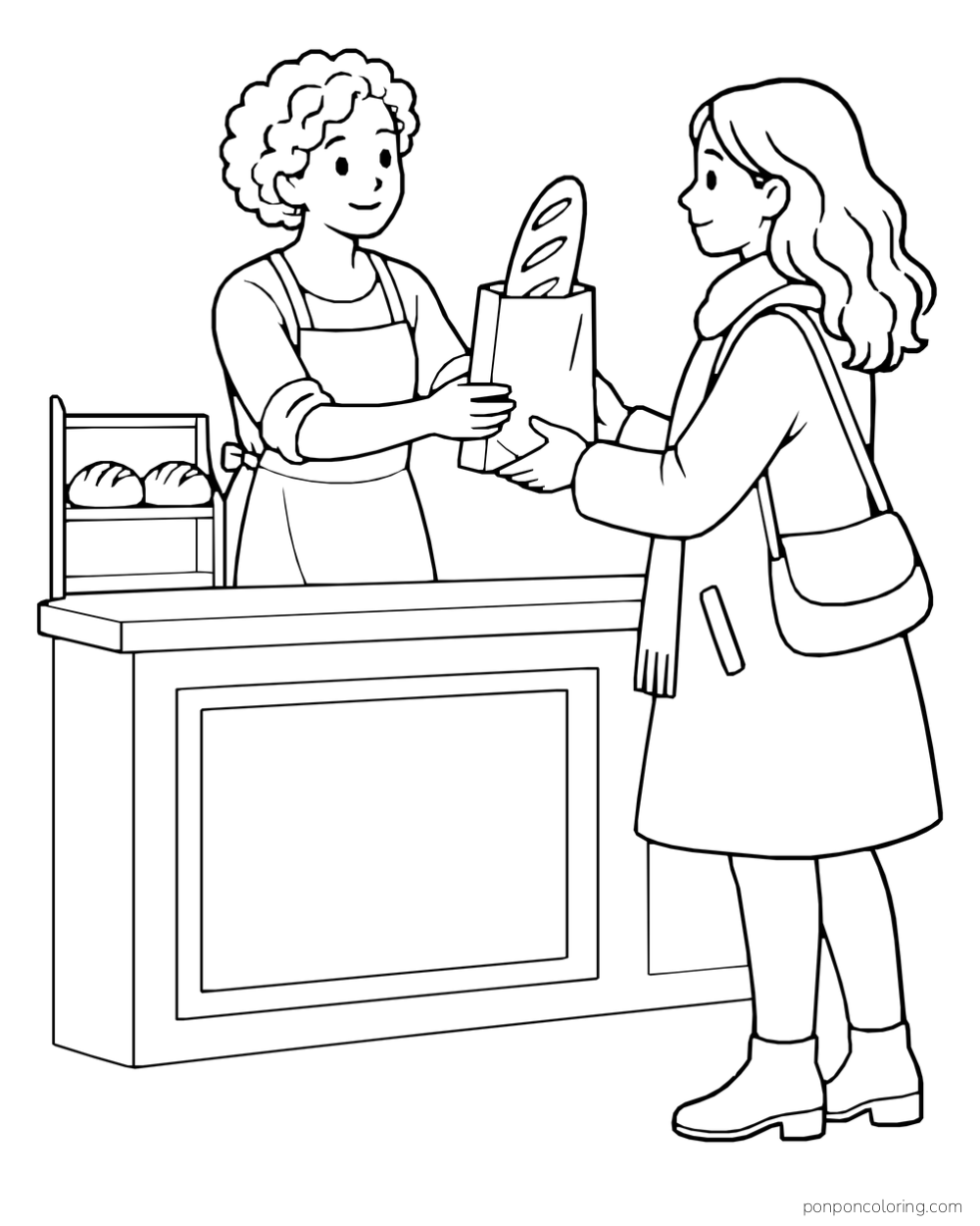 A bakery worker hands a paper bag with a baguette to a customer across a bread counter.