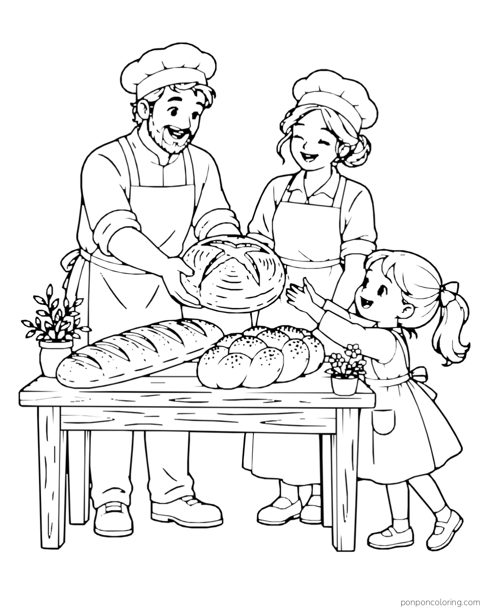 Two bakers and a child stand behind a table with a baguette, braided loaf, and round loaf.
