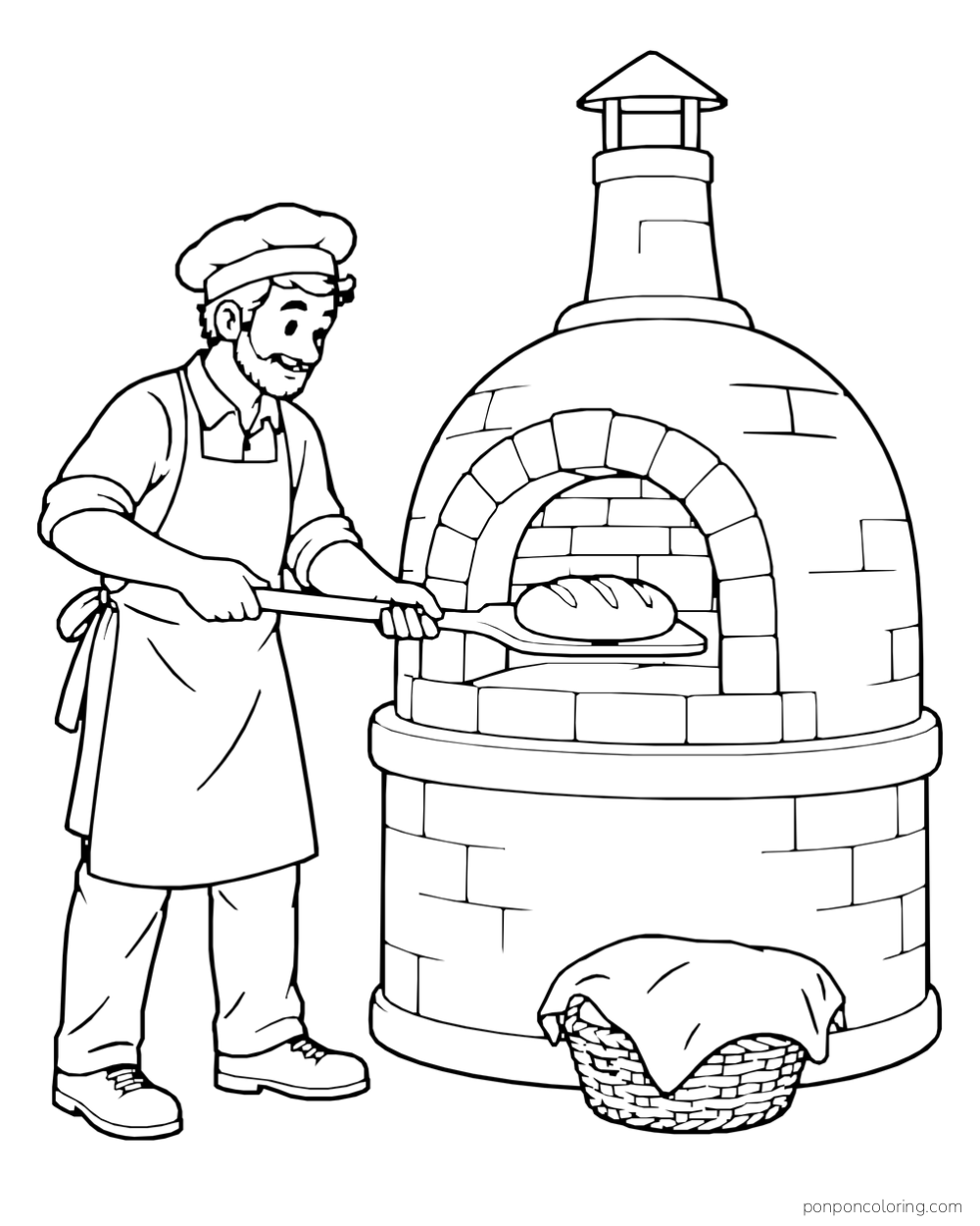 A baker uses a long peel to place a loaf in a rounded brick oven, with a covered basket at the base.
