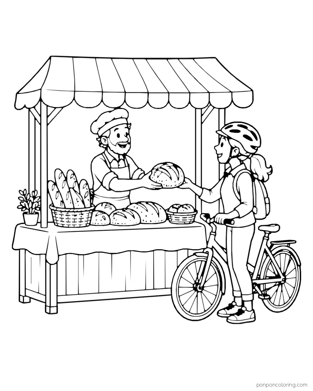 A baker offers a round loaf to a cyclist beside a complete striped market stall with more bread.