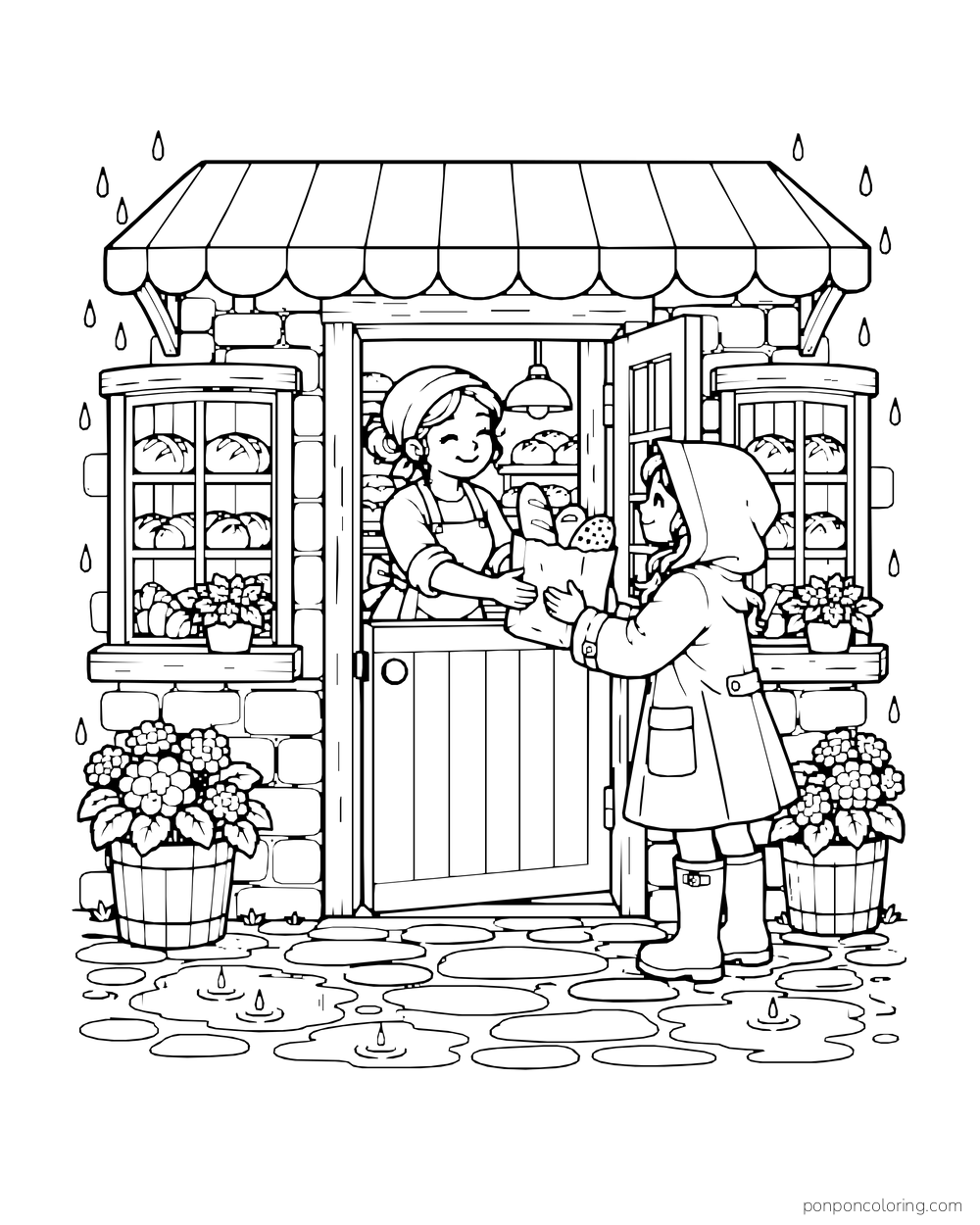 A baker hands a bag across the counter to a raincoat-clad customer beneath an awning.