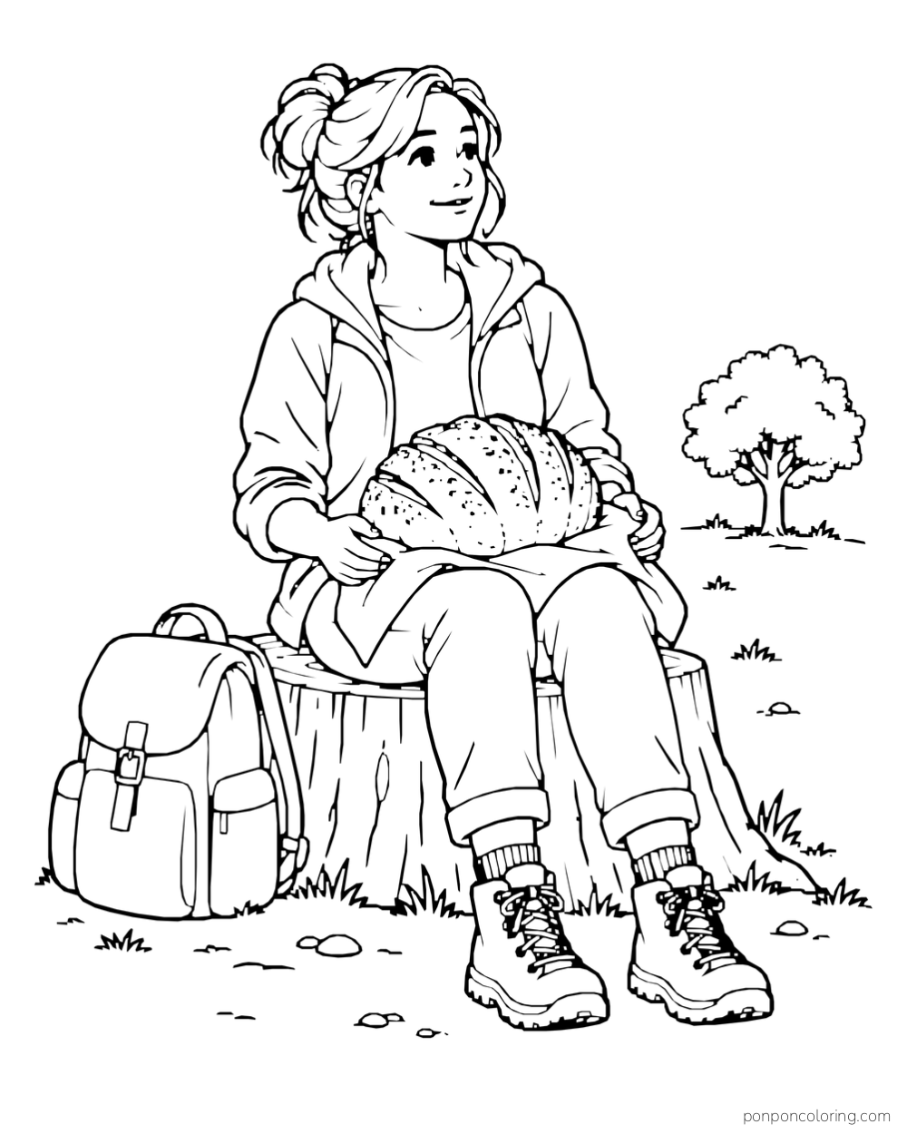 A woman sits on a stump holding a round loaf beside a backpack and small tree.