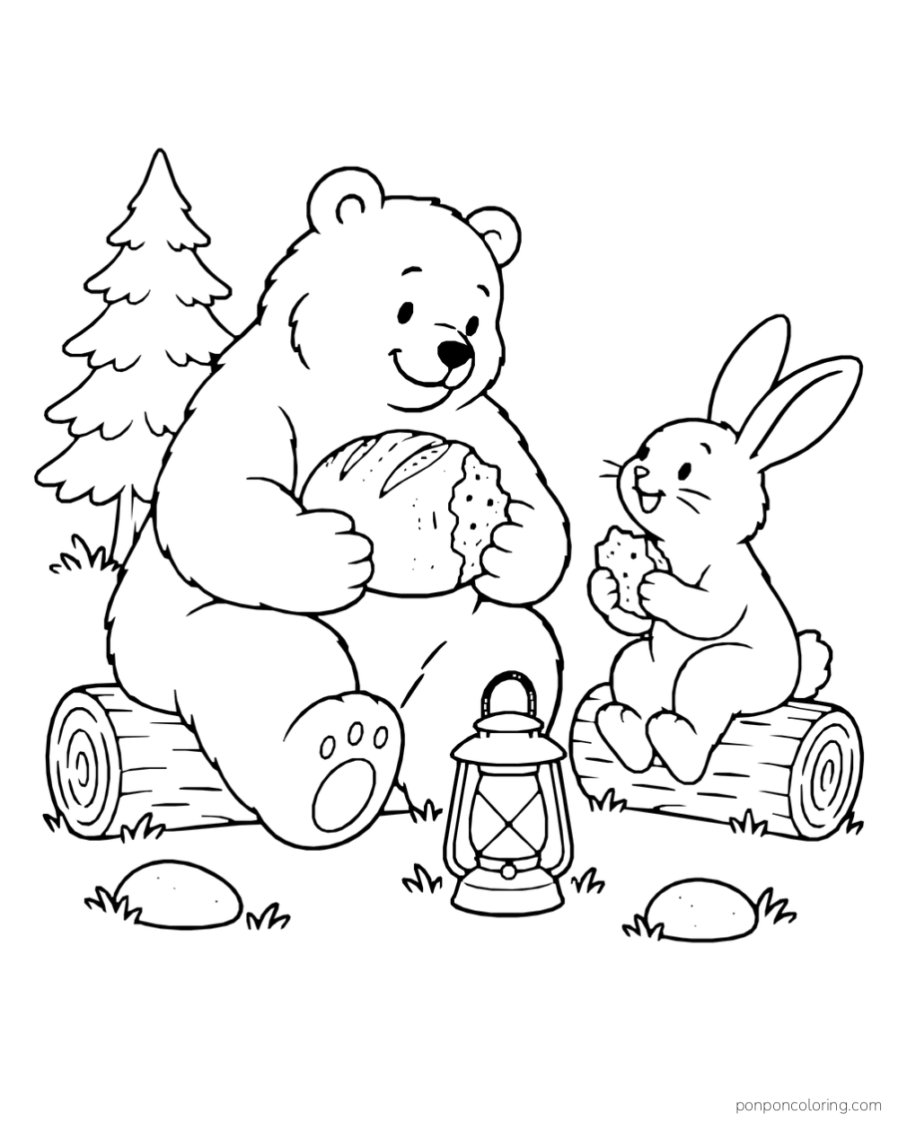 A bear holds a round loaf while a rabbit sits nearby beside a lantern and small fir tree.