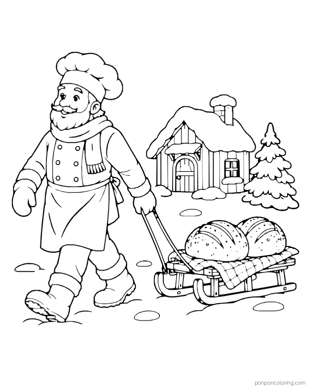 A baker pulls a little sled loaded with two round loaves past a snowy hut and fir tree.