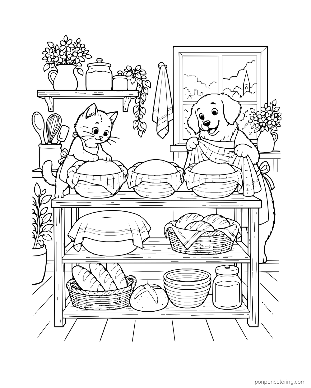 A kitten and puppy baker tend rising dough in cloth-lined bowls on a worktable.