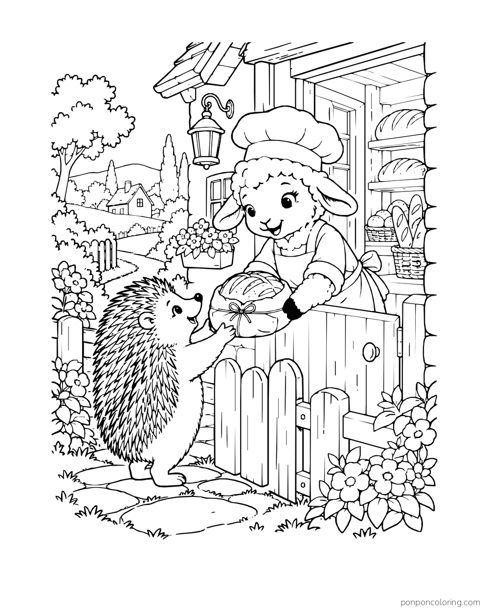 A lamb baker hands a wrapped round loaf to a hedgehog across a cottage gate.