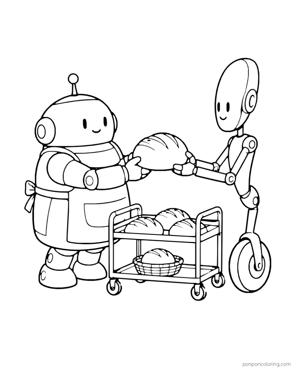A barrel robot hands a loaf to a one-wheeled robot over a bread trolley.
