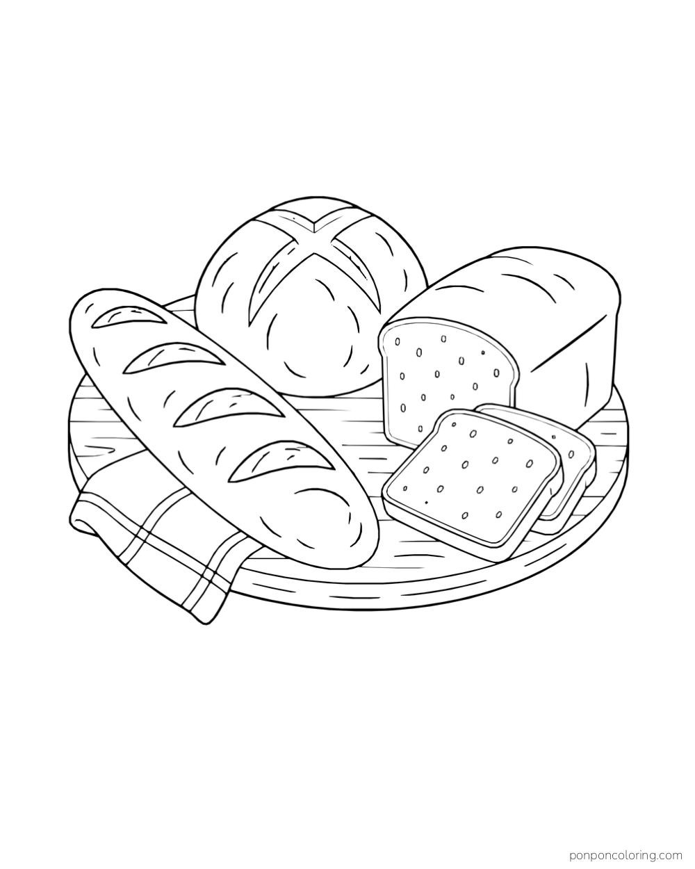 A baguette, round loaf, and sliced sandwich loaf arranged on an oval wooden board with a folded cloth.