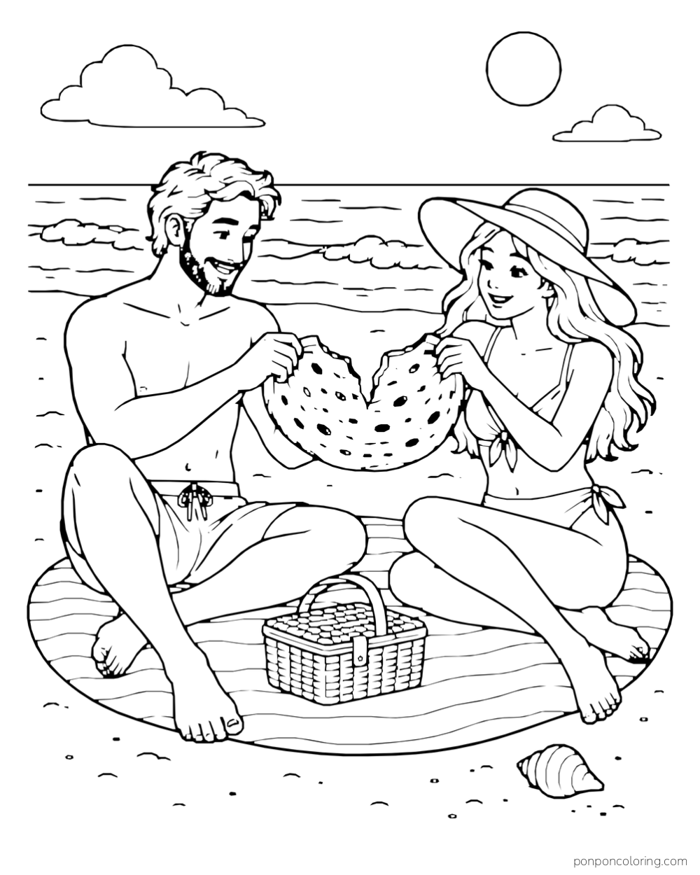 Two adults sit on a blanket by the sea, each holding part of a large round bread loaf.