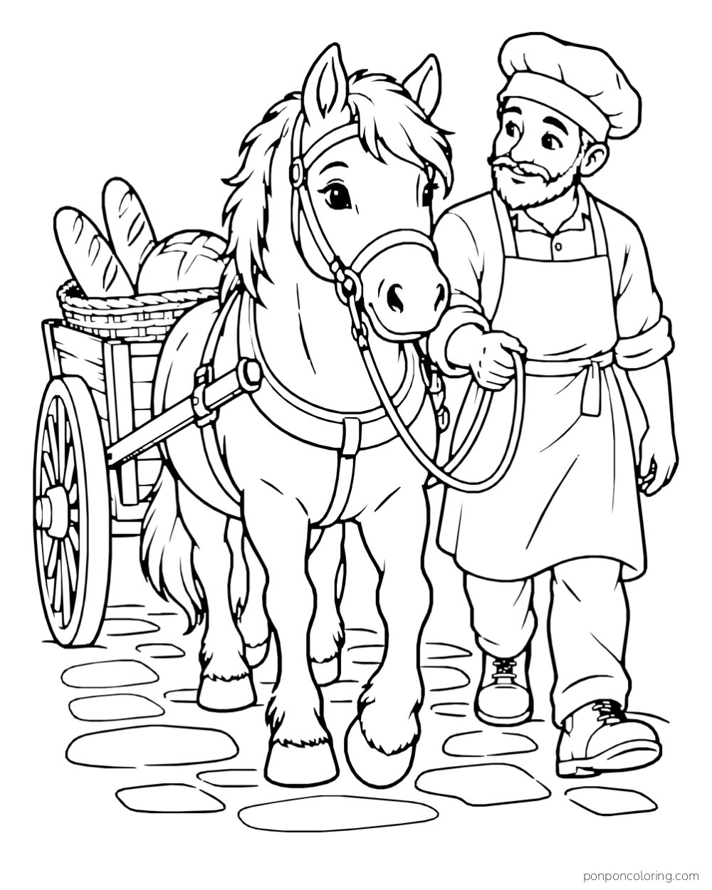 A baker walks beside a horse pulling a cart loaded with long loaves along a stone path.