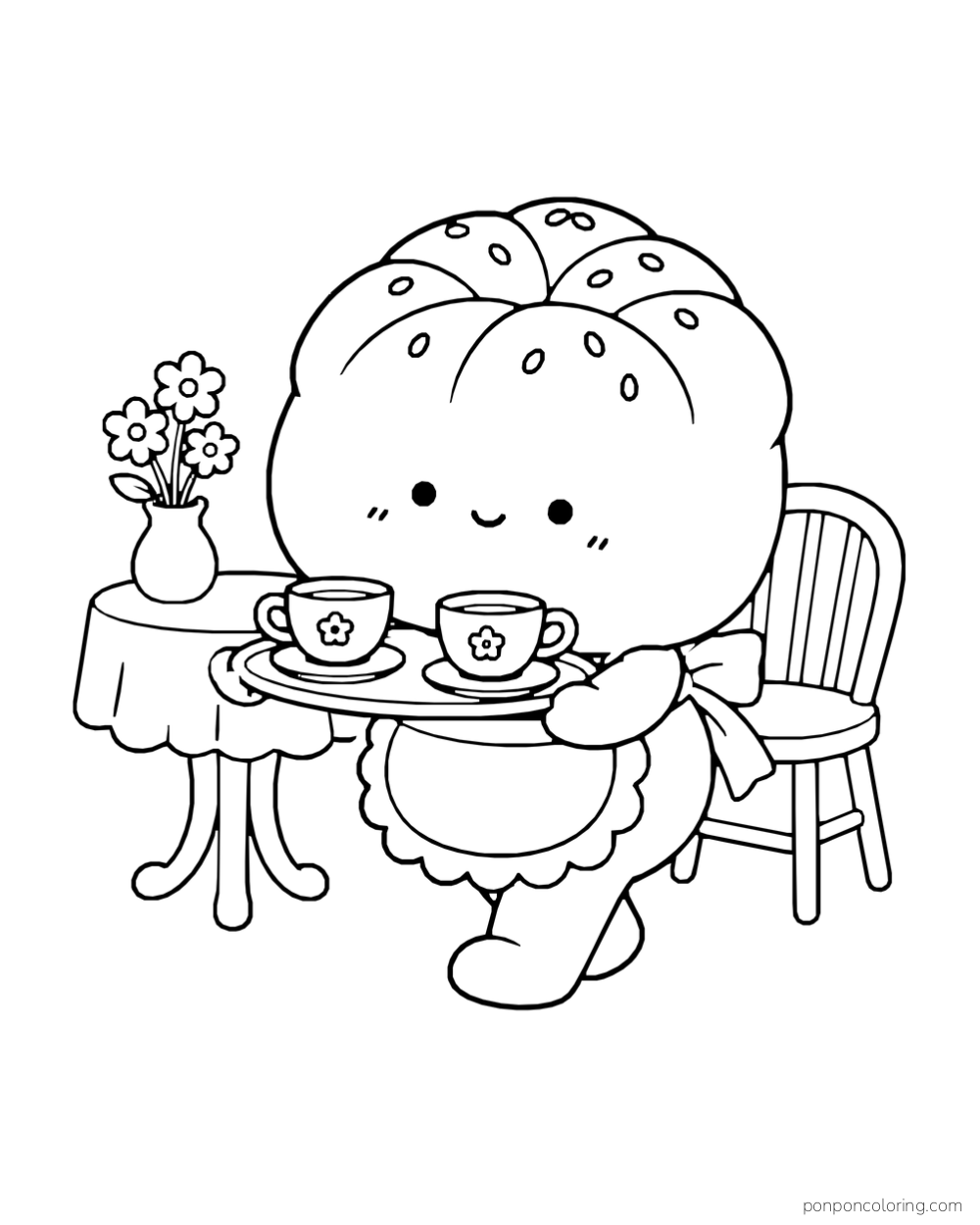 A bread roll wearing an apron carries two teacups on a tray beside a table and chair.