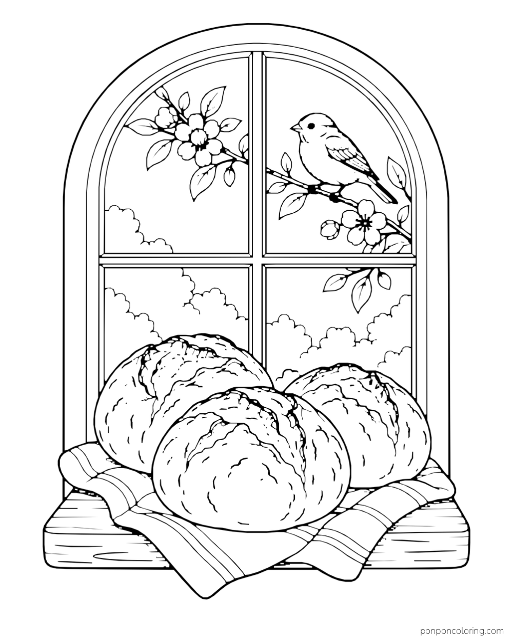 Three crusty round rolls sit on a cloth by an arched window with a bird on a flowering branch outside.