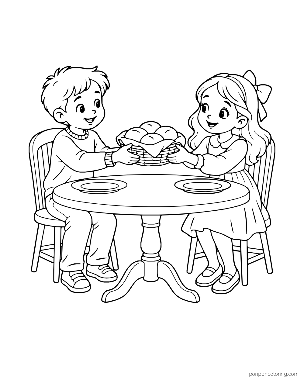 Two children pass a basket of rolls across a small table.