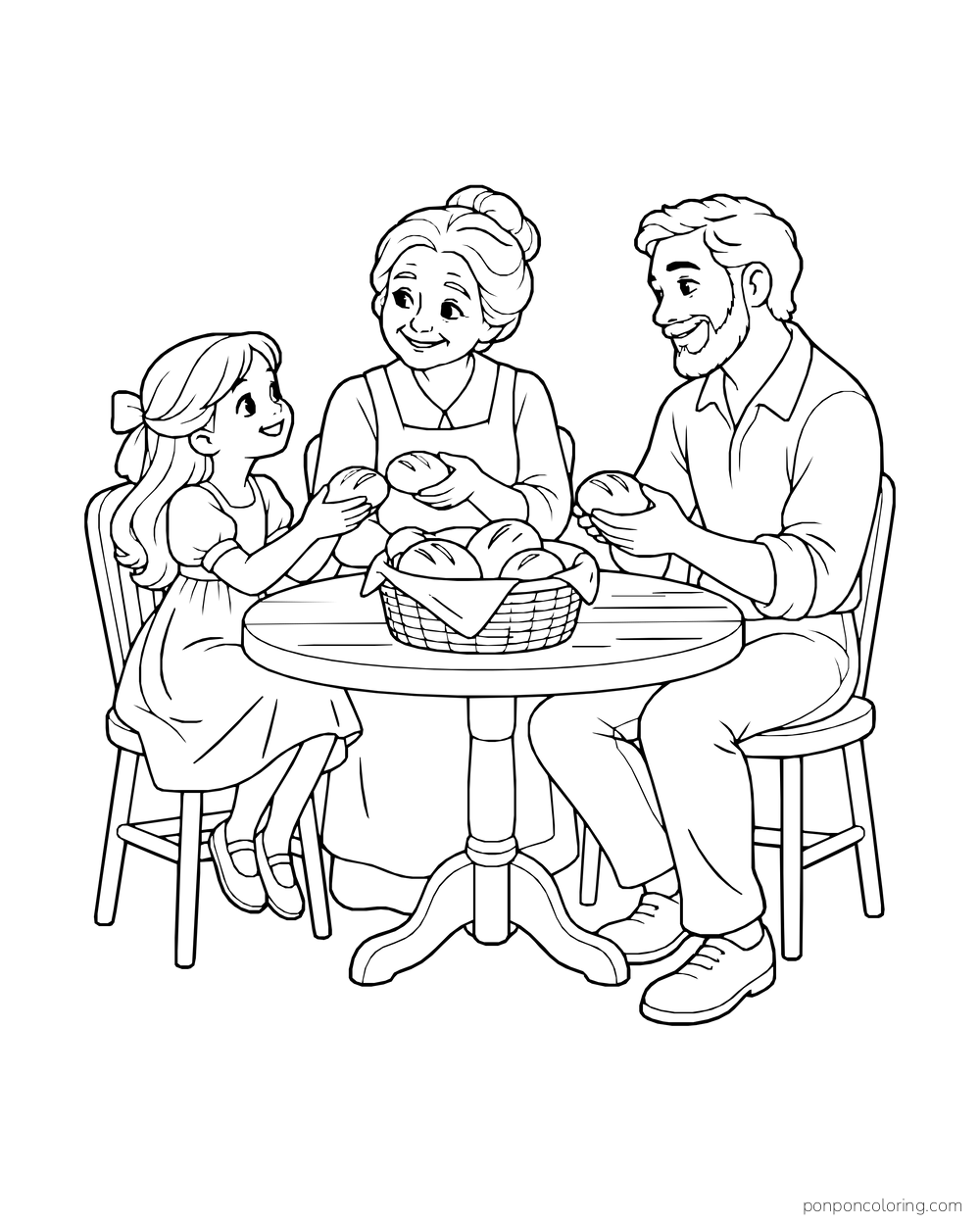 A child, older adult and parent share bread around a small table.