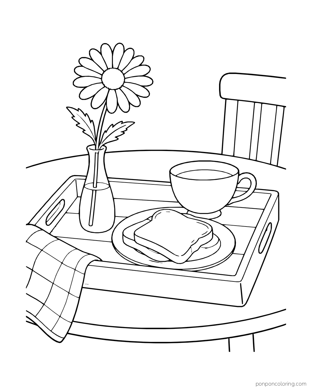 A single daisy in a narrow vase sits on a breakfast tray with toast and a teacup.