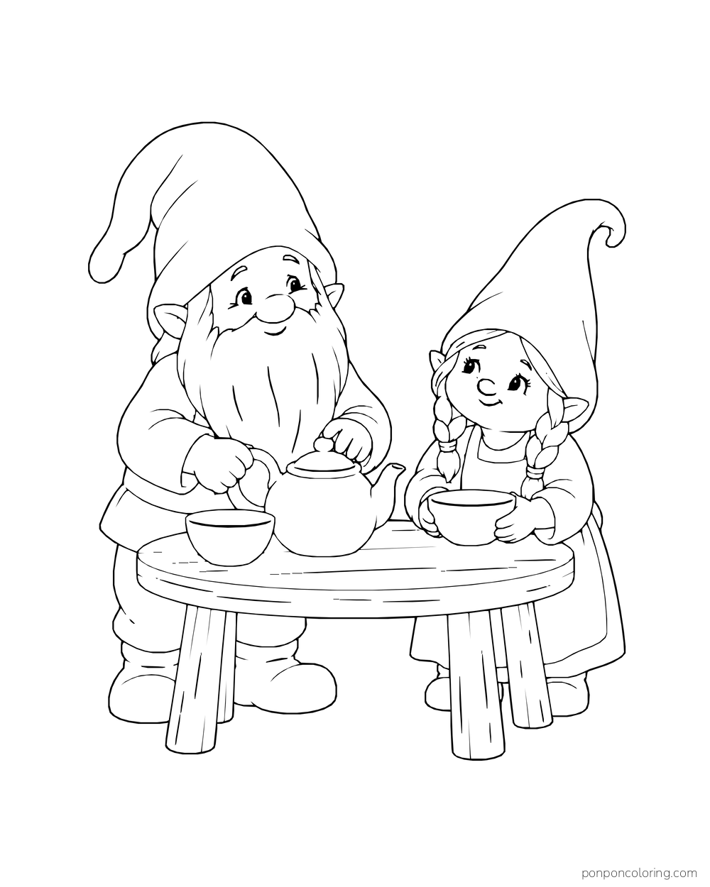 Bearded gnome and braided gnome sharing bowls and a teapot at a small round table.