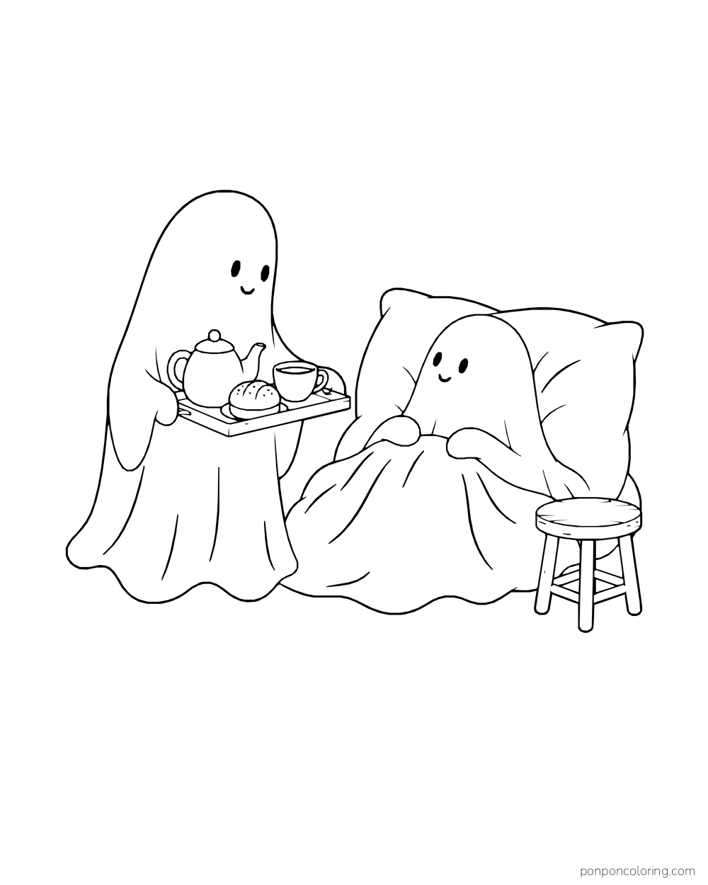 One ghost carries a breakfast tray to another ghost tucked under a blanket.