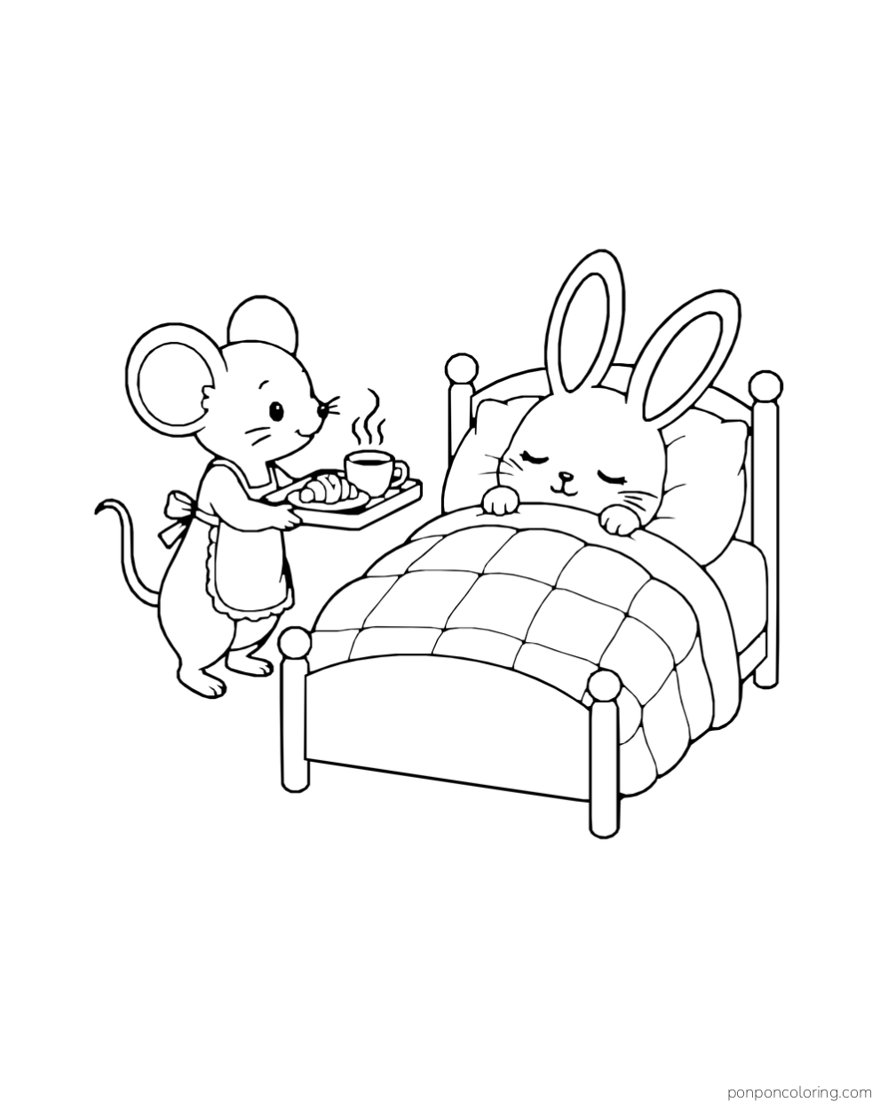A mouse carries a tray with a croissant and hot drink to a sleepy rabbit tucked under a quilt.