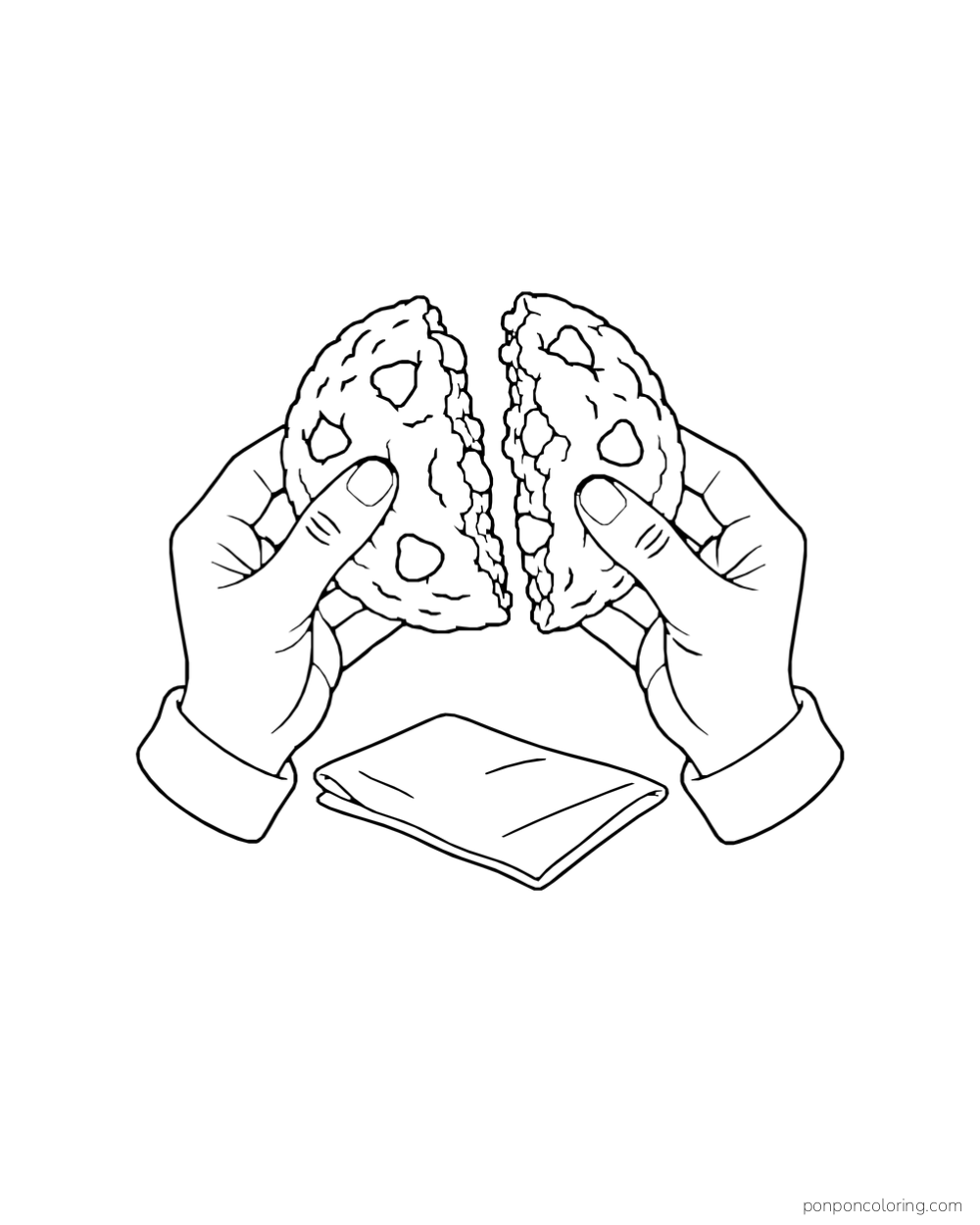 Two hands hold the halves of a broken chocolate chip cookie above a folded napkin.
