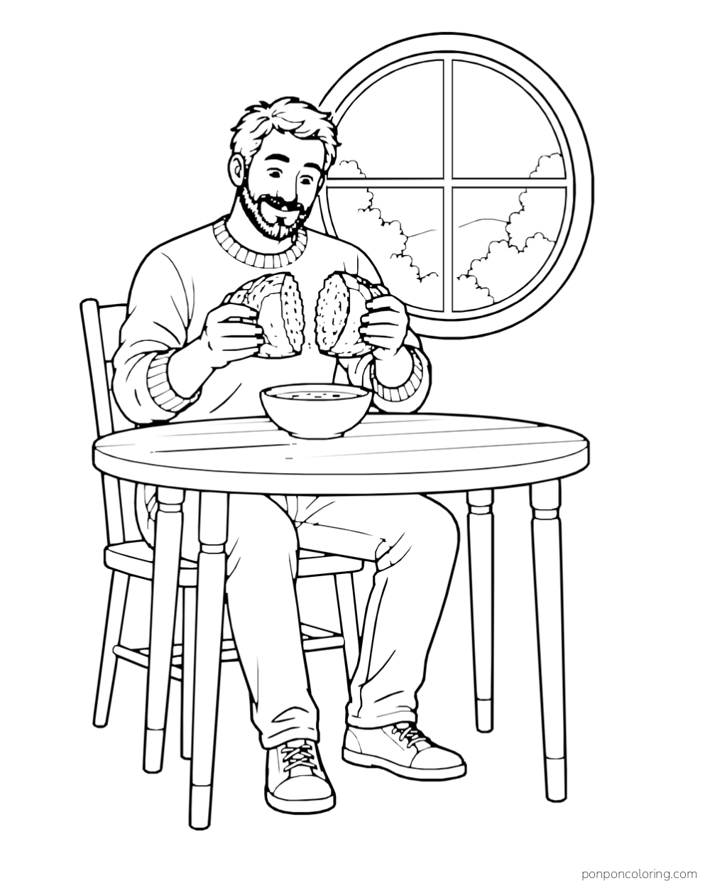 A seated man breaks a bread roll above a bowl at a small table by a round window.