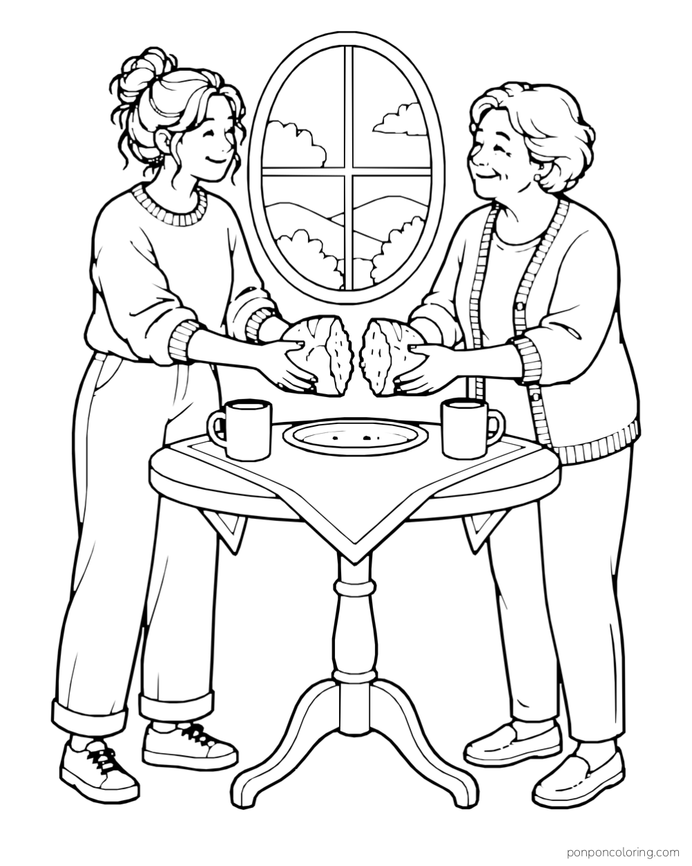 Two adults each hold a half of a round loaf across a small breakfast table with two cups.