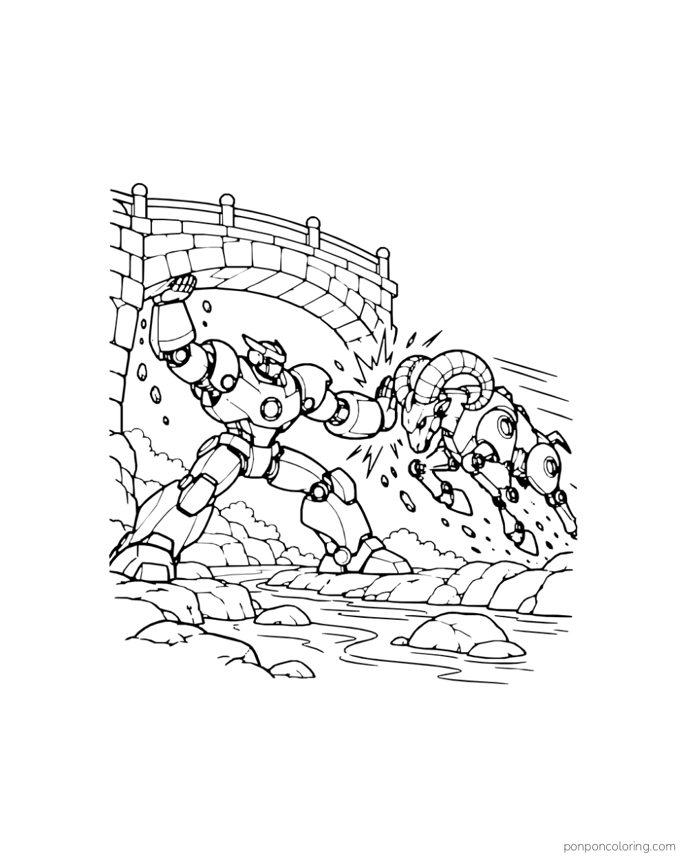 A sturdy mech braces a bridge and blocks a charging ram walker.