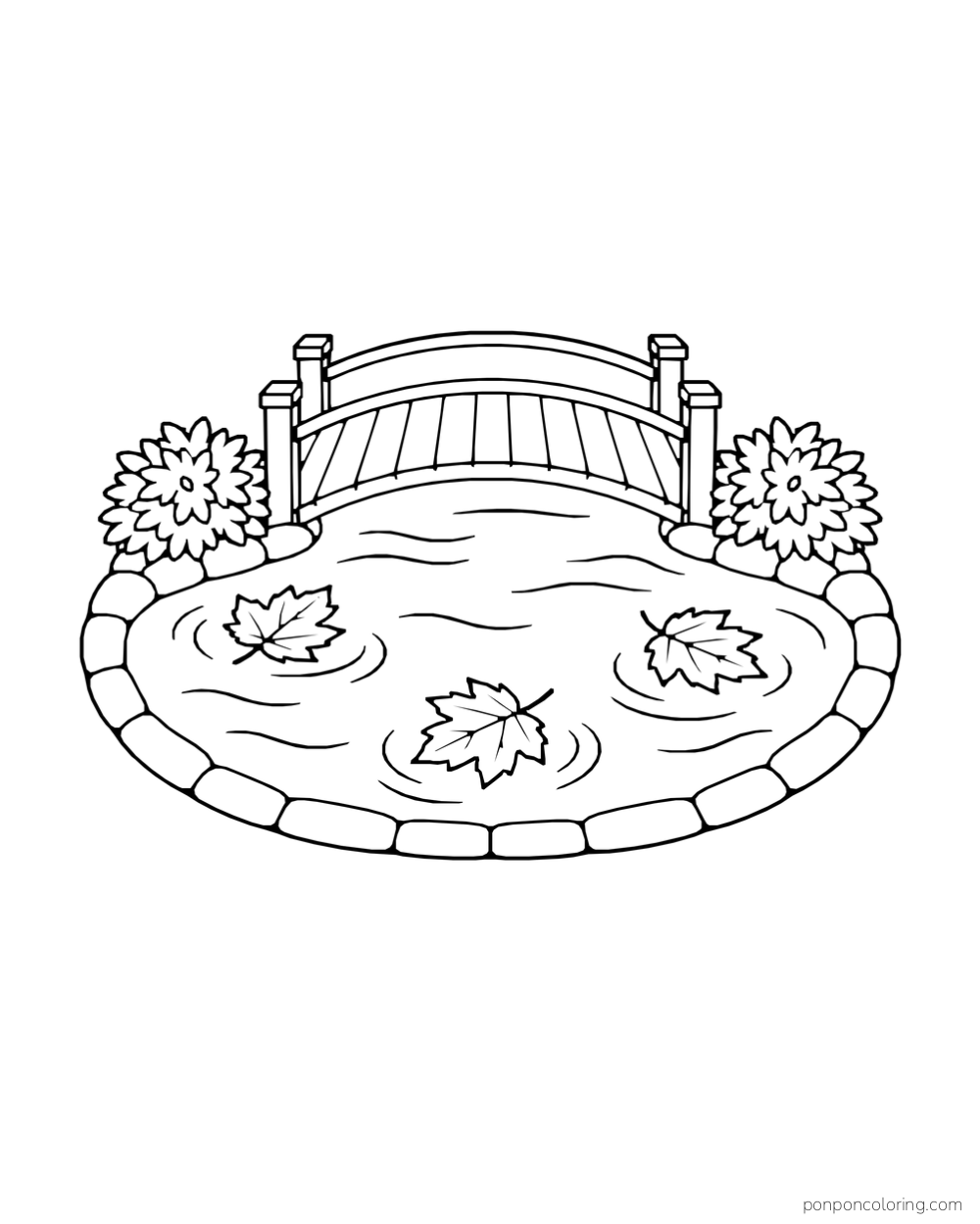 A short arched bridge crosses an enclosed oval of water with shrubs and floating leaves.