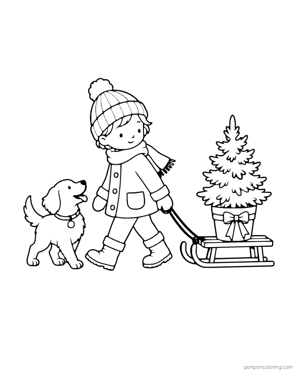 A child pulls a potted fir tree on a sled while a puppy walks alongside.
