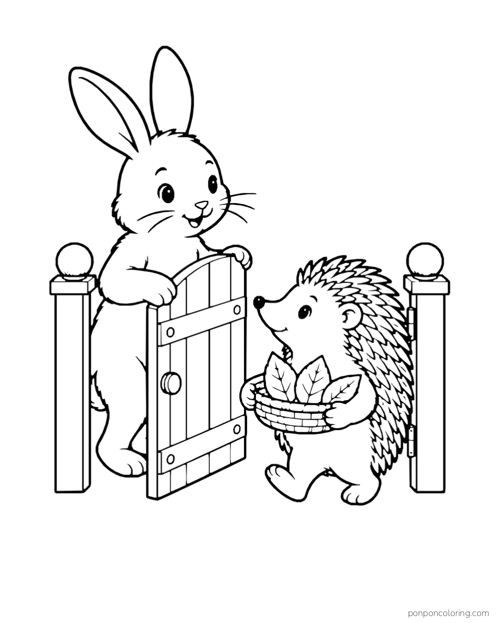 A hedgehog carries a basket of leaves through an open gate toward a rabbit.