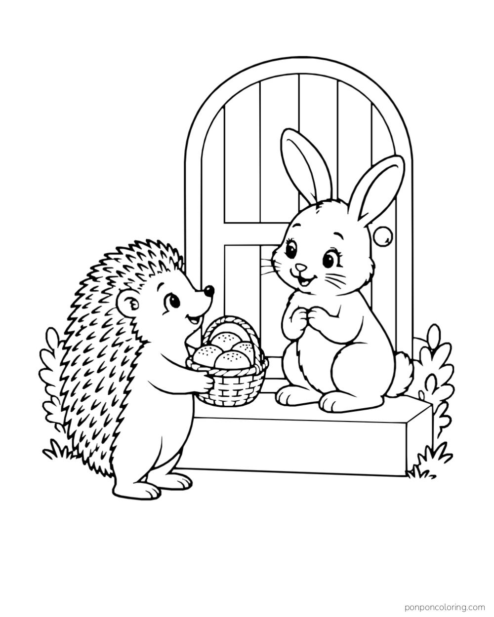 A hedgehog holds a basket of rolls beside a rabbit on a low step in front of a rounded door.