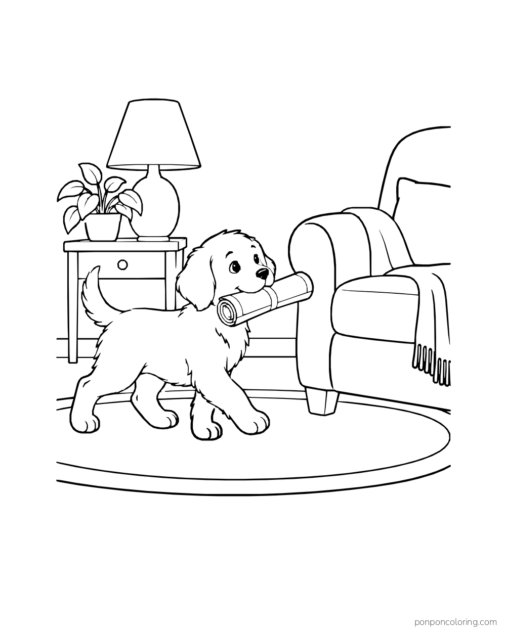 A puppy carries a rolled newspaper past an armchair and side table.