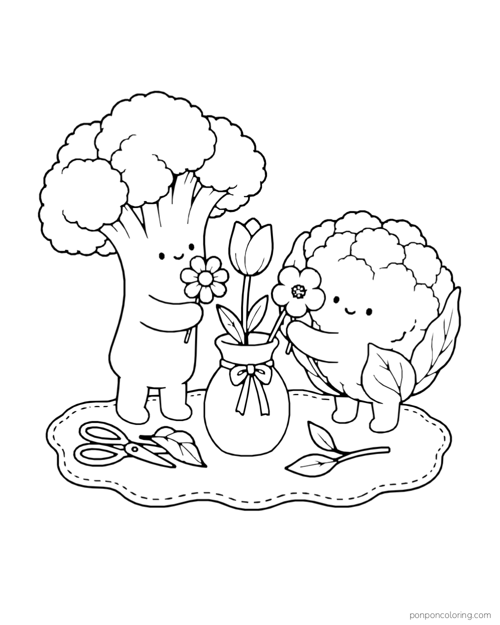 Broccoli and cauliflower arrange flowers in a vase beside scissors and loose leaves.