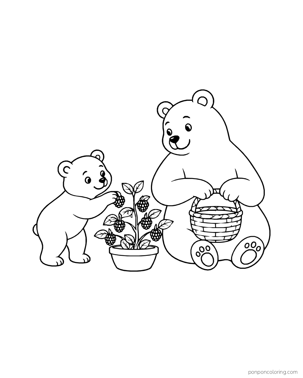 A young bear picks a blackberry from a potted plant while a larger bear holds a woven basket.