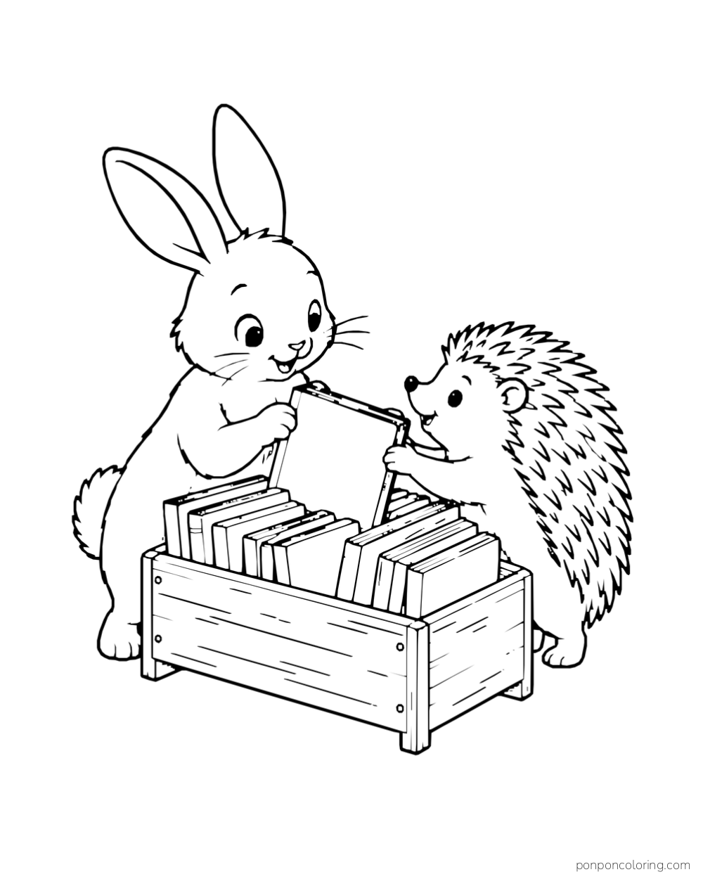 A rabbit lifting a book from a wooden bin while a hedgehog stands opposite.