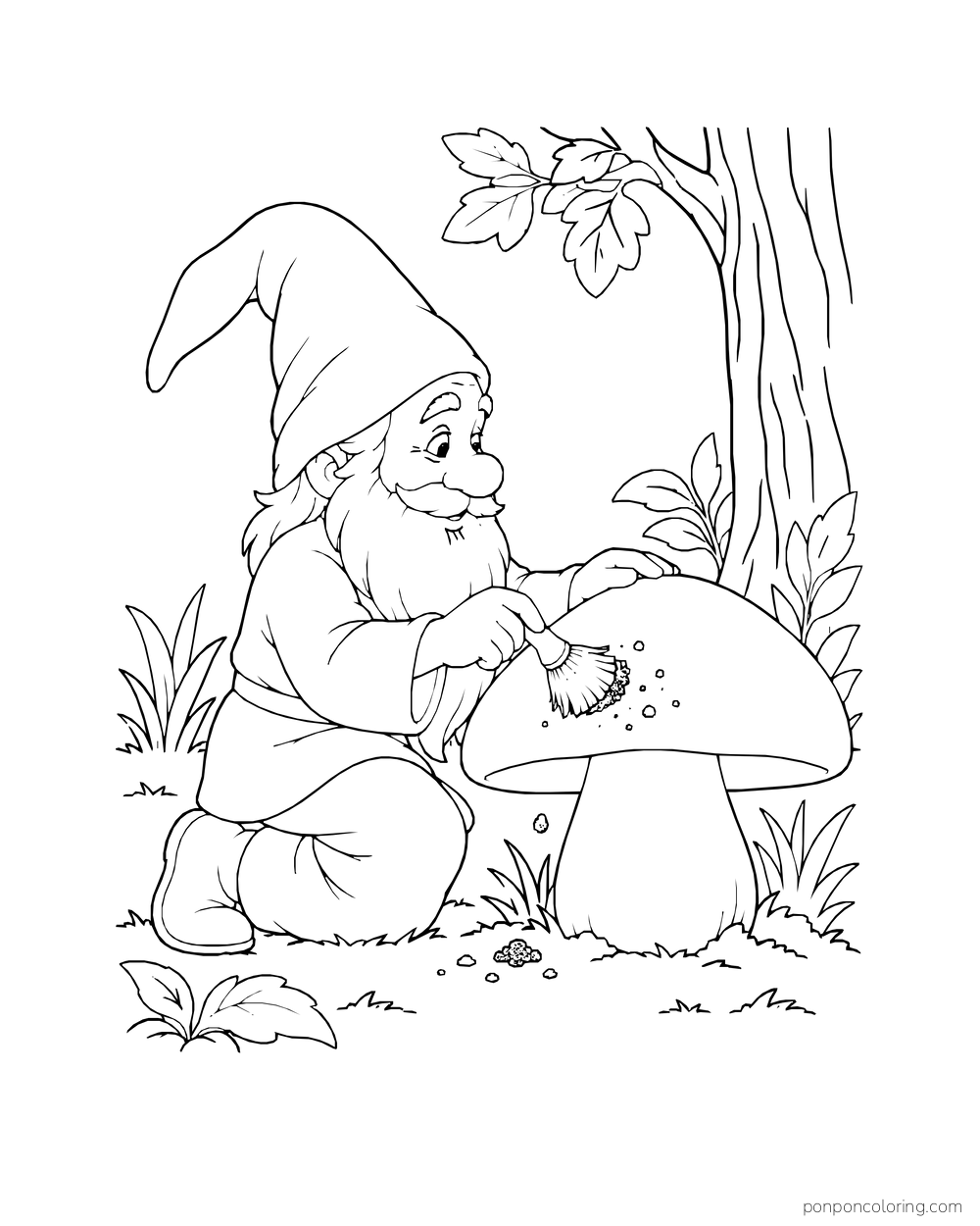 Kneeling gnome brushing dirt off a large mushroom beneath a tree.